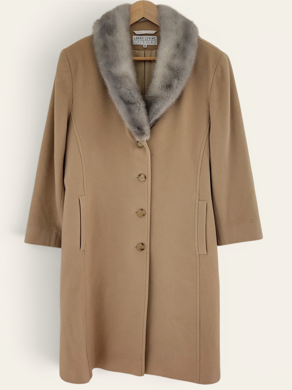 Larry Levine Women's Camel Wool Coat with Gray Fur Collar